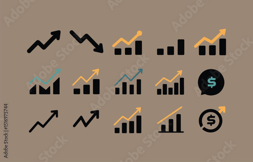 Set of Business Graph and Chart Icons Illustrating Growth Decline and Financial Performance with Dollar Sign and Arrow Symbols on Neutral Background