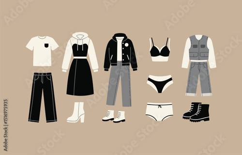 Collection of Stylish Women s Clothing and Accessories Including a Dress Jacket Underwear and Boots Laid Out on a Neutral Background