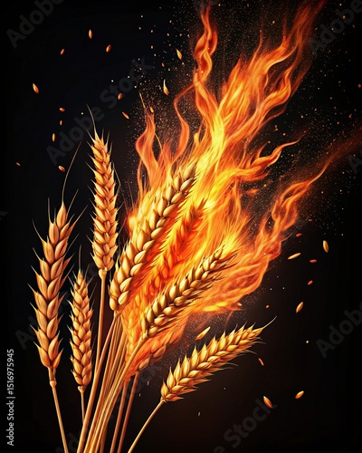 Golden wheat stalks engulfed in flames, intense contrast between nature's delicacy and destructive fire