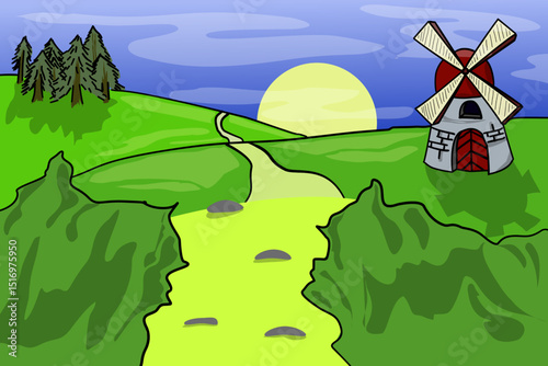 Vector illustration of a landscape with hills, a dirt road and a windmill. The sun rising from behind the hills. Hand drawing of a windmill in a summer landscape.