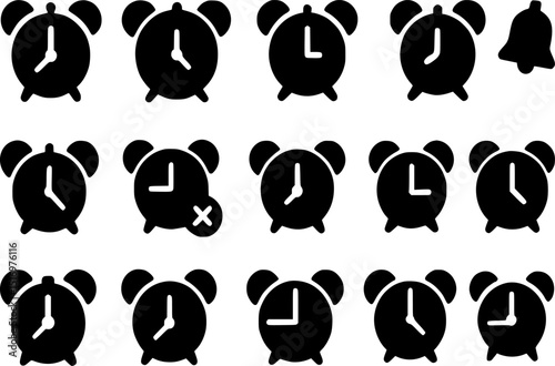 Set of Black and White Alarm Clock Icons Showing Various Times and Actions