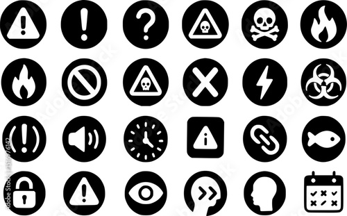  A collection of various safety and warning icons, presented in a clean, organized grid format.