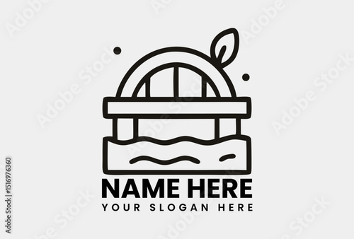 Wooden pier icon with a leaf, indicating a connection to nature and sustainable water activities. Nature concept