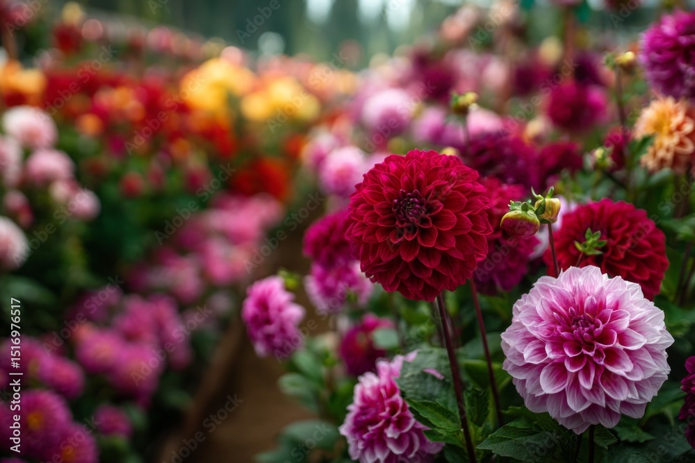 Obraz premium Vibrant Field of Blooming Dahlias, Featuring Deep Red and Pale Pink Flowers in Focus