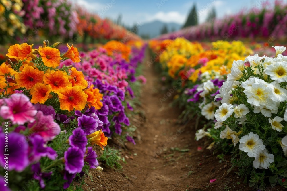Obraz premium Scenic field filled rows of colorful petunia flowers at springtime, with white, orange, purple, pink and yellow blooms