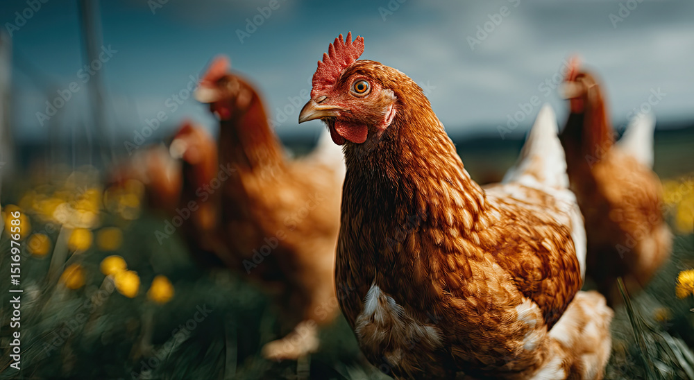 Fototapeta premium Close-Up of Brown Chickens in a Field With Yellow Flowers, Symbolizing Farm Freshness and Sustainable Agriculture Practices in Food Industry Marketing