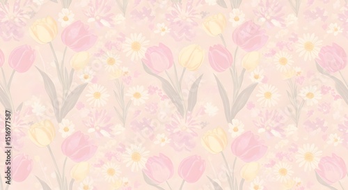 Wallpaper Mural Soft pastel seamless floral pattern with tulips and daisies for delicate and feminine spring backgrounds Torontodigital.ca