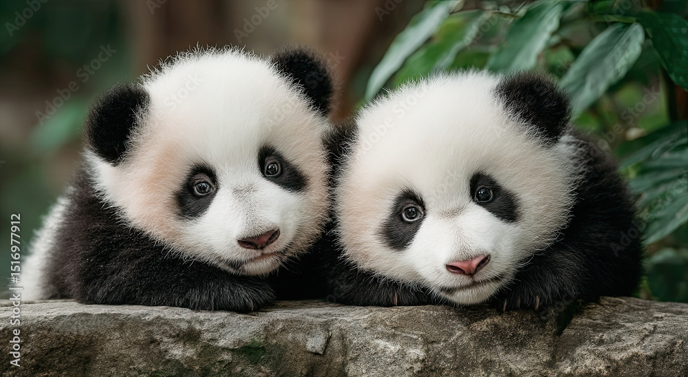 Two Adorable Panda Cubs Resting Together on Rock, Symbolizing Wildlife Conservation and Endangered Species Awareness for Environmental Campaigns Two Adorable Panda Cubs Resting Together on Rock, Symbolizing Wildlife Conservation and Endangered Species Awareness for Environmental Campaigns