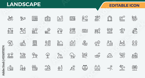 Landscape icon set. Minimalist editable vector stroke. Park modern icon set. Contains such symbols as cape, land, building, field, mountain, garden, park and more.