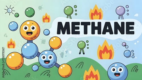 Cute Methane Molecule Cartoon - CH4 Chemistry Education Illustration