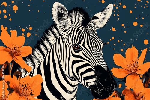 Zebra Portrait with Orange Flowers.