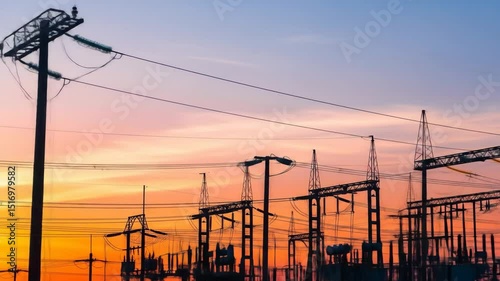 Silhouette of power line with many poles and electric lines at sunset. Concept of modern electrical energy transmission for industry. Cinematic footage.