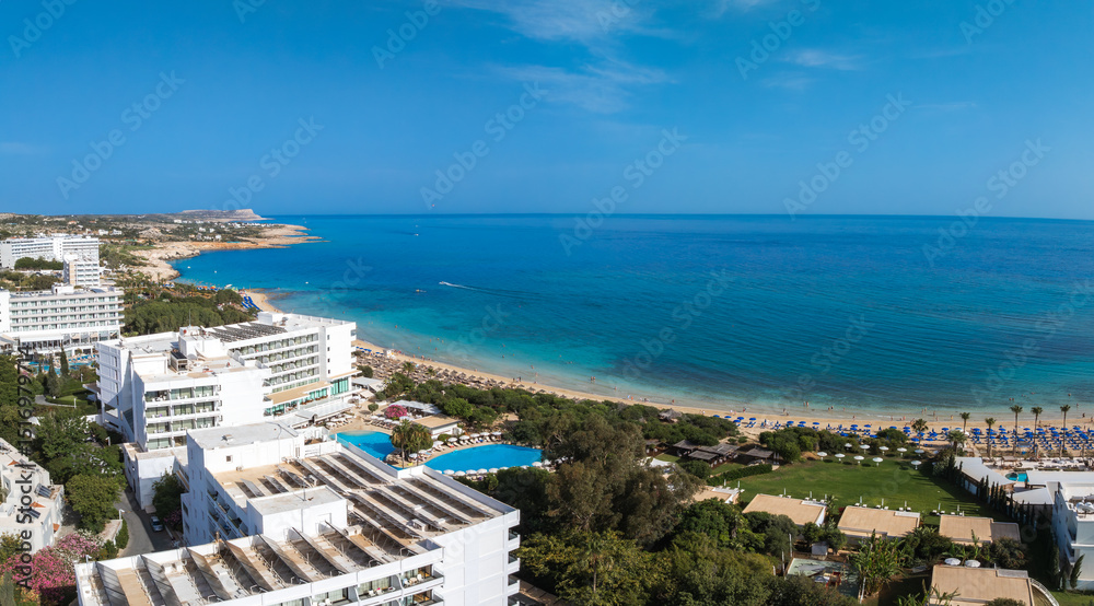 Fototapeta premium Aerial View of Ayia Napa Coastline with Resorts and Sandy Beaches