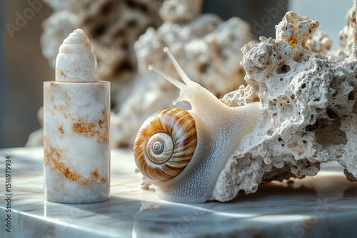 Close-up of snail on textured, decorative bowl, surrounded by organic, nature-inspired elements, symbolizing skincare and wellness