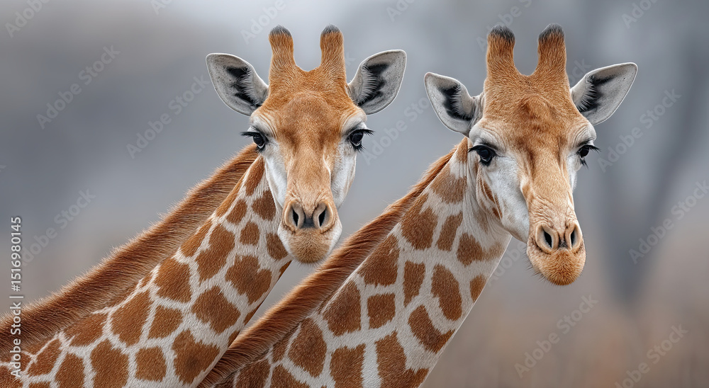 Fototapeta premium Two Giraffes Close Up in Soft Light, Representing Wildlife Conservation and African Safari Tourism, Perfect for Nature Education and Travel Promotion