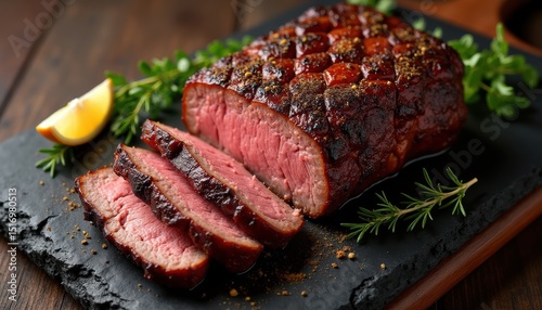 Smoked brisket on stone black board on dark brown background with top view shot