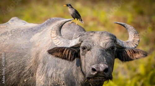 A big black bovine mammal, the wild cape buffalo with impressive horns, roams the Kenyan Masai Mara nature during a safari