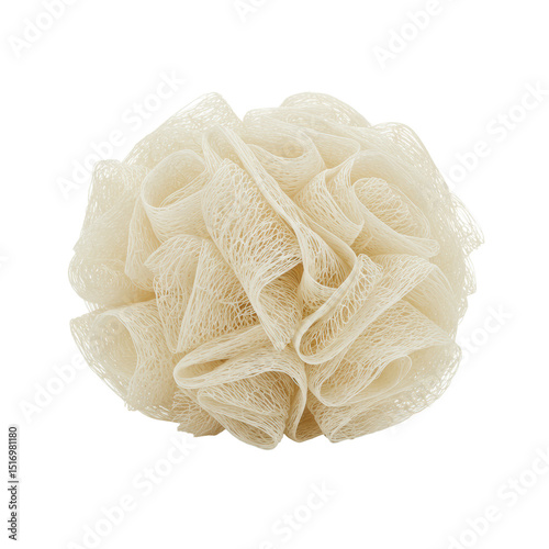 Ultra realistic UHD photo of a natural fiber Ramie bath pouf in 3/4 view on a clean transparent background with clear contours, no shadows, commercial product photography concept