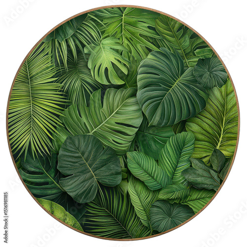 Lush green tropical leaves in a circular arrangement, various shades of green, detailed texture, vibrant and natural, against a dark background.  Perfect for nature themes or tropical designs.