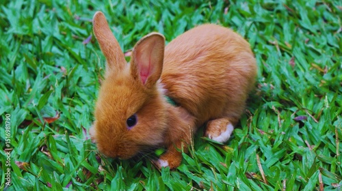 Fluffy white bunny, a cute small mammal with furry ears, sits on the green grass, an adorable pet often associated with spring and Easter