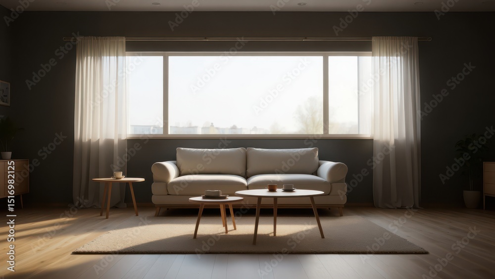 Fototapeta premium Bright living room with sofa, coffee tables, and large window