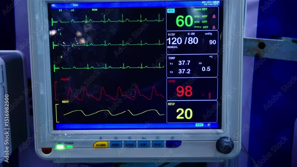 A demonstration of a critical care monitoring unit showcases its ability to display pulse rate, oxygen, and other vital parameters on screen.