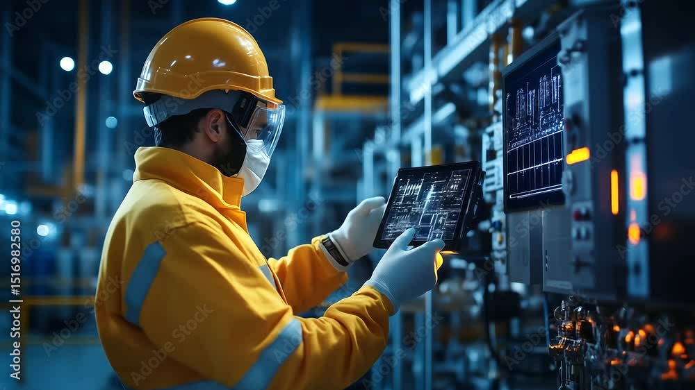 A worker in full protective gear, including a helmet and insulated suit, holding a thermal imaging camera to inspect a massive high-voltage transformer, the screen displaying brigh