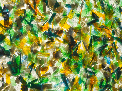 Plastic background. Recycling background. Zero waste. Plastic recovery. Reusable of old plastic. Second life. Recycling, reuse, circular, reprocessing. Colorful pieces of old  plastic repurposing.