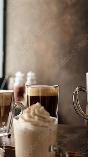 Variety of delicious coffee drinks in clear mugs on a dark cafe table with menu board behind, offering a warm and inviting atmosphere.
