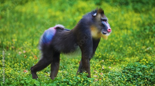 A young black hairy mammal baby is sitting in the green grass, its cute face looking like a funny creature in nature