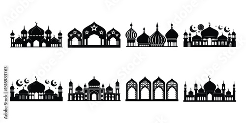 Set of Vector Mosque Silhouette icon illustration. Mosque Silhouette Architectural Design Set