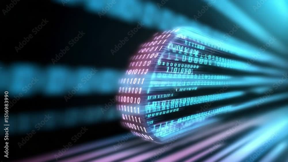 Data Stream in Motion: The image showcases a visually captivating stream of data coursing through a digital tunnel, representing the speed and complexity of technological advancement.