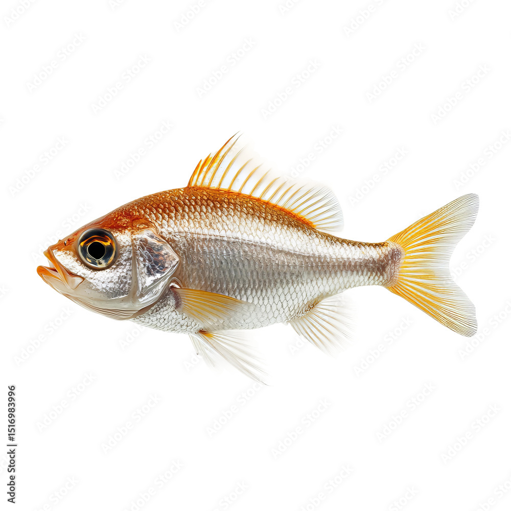 Obraz premium A close-up shot showcases a vibrant fish, highlighting its radiant orange and silver scales, sharp details. The image is a tribute to the marine world, portraying a fascinating marine life.