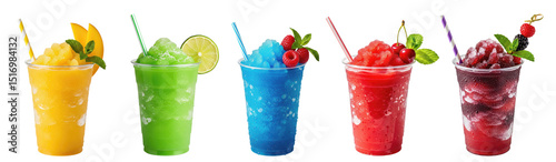 refreshing colorful fruit slushy drinks: mango, lime, blue lagoon, cherry, berries