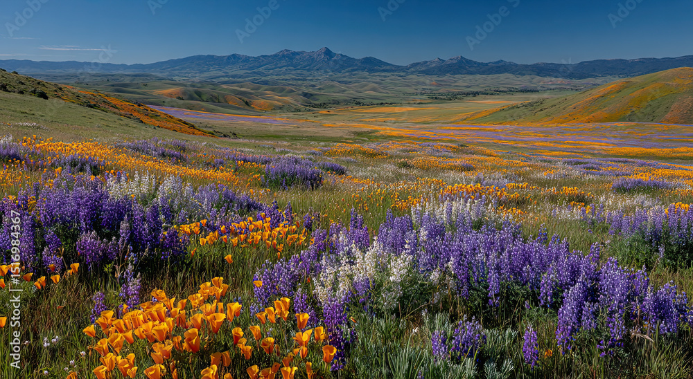 Obraz premium California Poppies and Lupine Flowers Blooming in Meadow Landscape, Showcasing Natural Beauty and Environmental Awareness for Conservation Projects