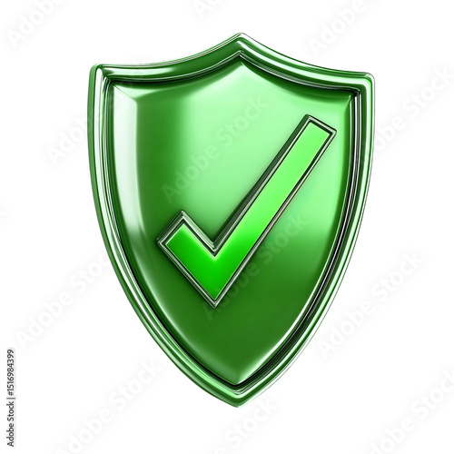 A gleaming green shield, adorned with a vibrant checkmark, signifies security and assurance. This image reflects safety and approval with a focus on data protection. 