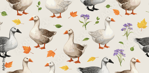 watercolor seamless pattern with geese, flowers, leaves. Nature background for fabric, wrapping, textile, art wallpaper