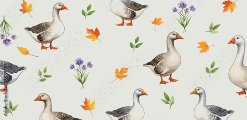 watercolor seamless pattern with geese, flowers, leaves. Nature background for fabric, wrapping, textile, art wallpaper