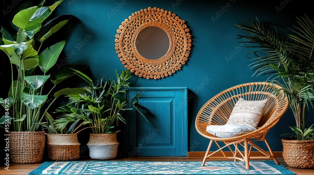 Fototapeta premium Teal room with wicker chair, plants, and mirror