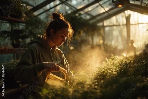 Female gardener irrigating plants with watering can inside glass greenhouse, sunlight streaming through structure