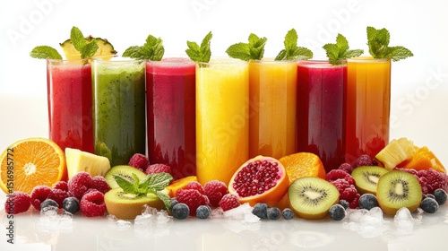 Wallpaper Mural Variety of colorful fruit juices in glasses with fresh fruits and mint, on white background. Torontodigital.ca