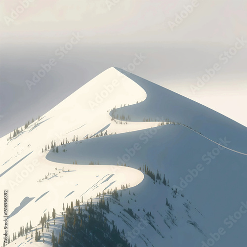 Snowy Mountain Landscape with Winding Ski Trails and Pine Trees

