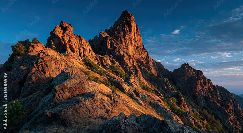 Naklejka premium Jagged Mountain Peak Bathed in Golden Sunlight at Sunset, Symbolizing Adventure and Environmental Exploration for Nature Photography