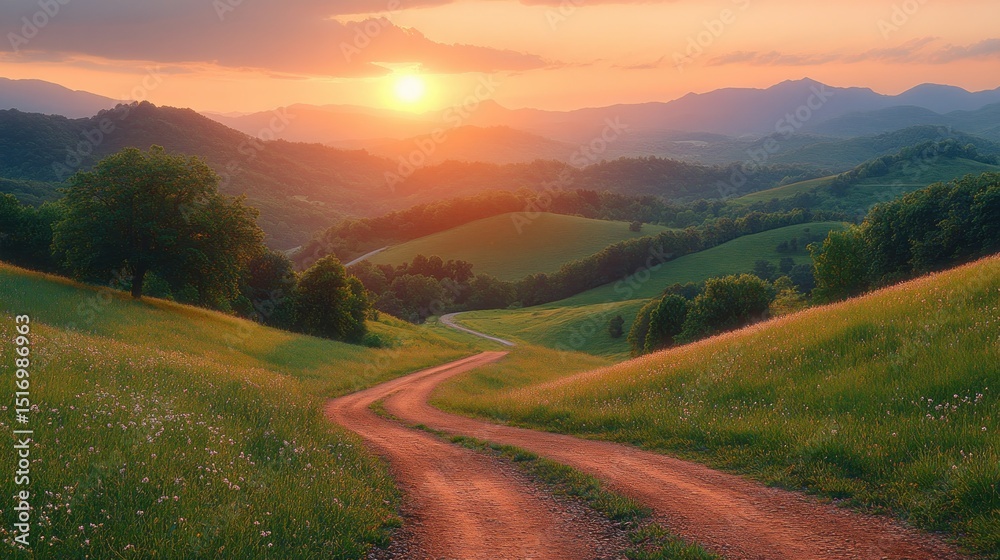 Winding dirt road through rolling hills at sunset Winding dirt road through rolling hills at sunset