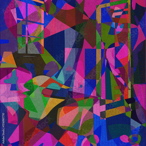 Concept Art for a Psychedelic Music Album Cover. Square art of layered geometric shapes in vibrant hues, evoking psychedelic rock, electronic, ambient, and experimental vibes. 