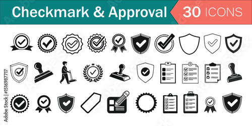 Black Glyph Checkmark and Approval Icon Set – Validation, Confirmation, Certification, and Verified Symbols