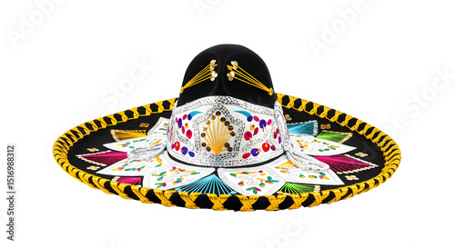 Ornate black Mariachi Sombrero with colorful embroidery on transparent background