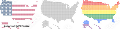 USA map made of rhombus dots. American dotted pixel map in grey, flag, and LGBT pride colors. Vector illustration. Not AI Generated