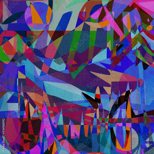 Concept Art for a Psychedelic Music Album Cover. Square art of layered geometric shapes in vibrant hues, evoking psychedelic rock, electronic, ambient, and experimental vibes. 