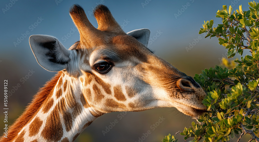 Obraz premium Close-Up of Giraffe Eating Leaves at Sunset, Representing Wildlife Conservation and Environmental Awareness in Nature Photography